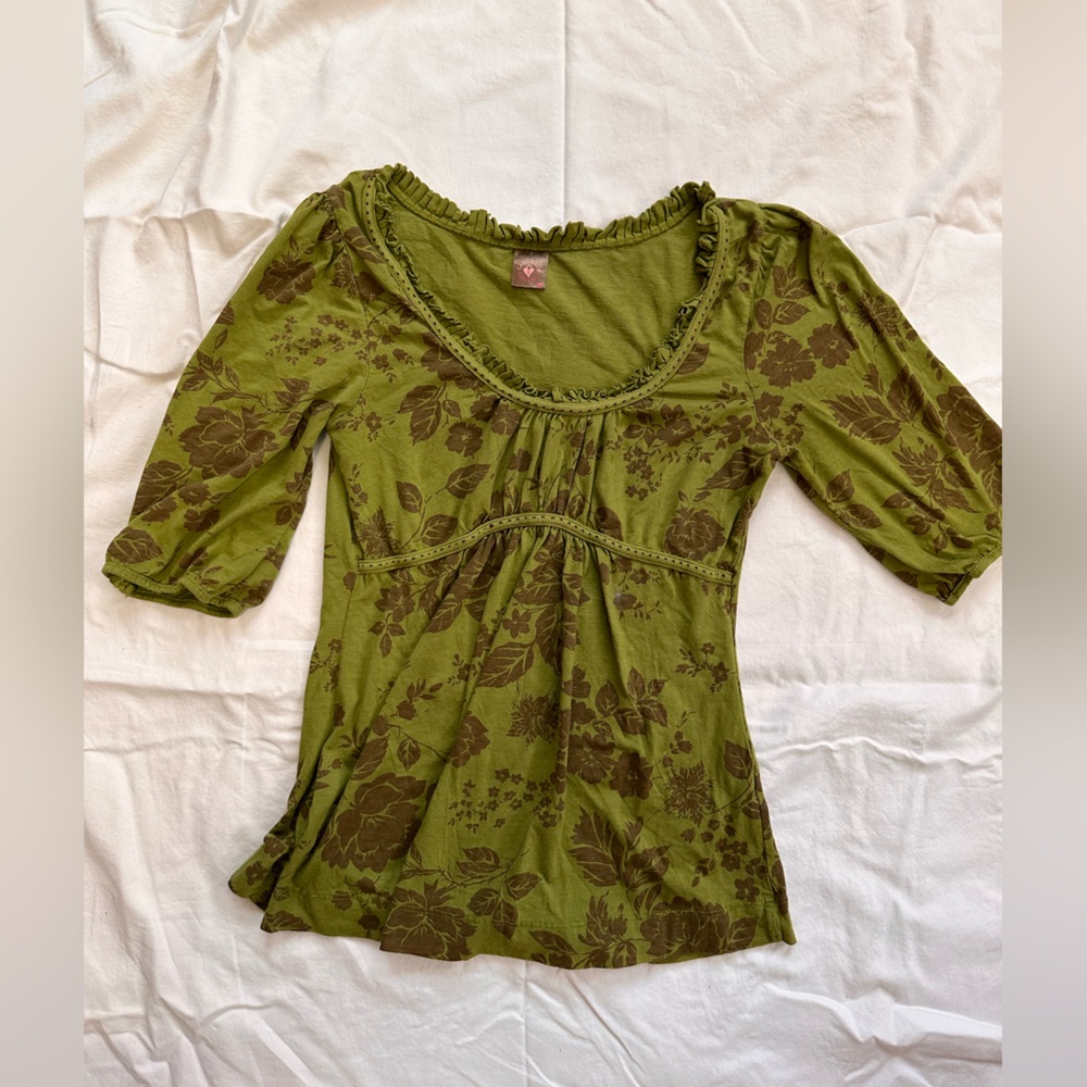 Size Medium, Anthropologie empire waist top, green with brown print